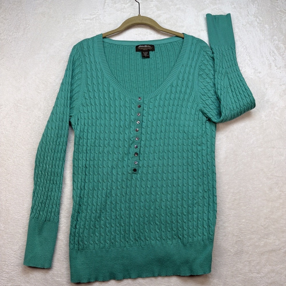 Eddie Bauer Henley Sweater Womens XL Green Cable Knit Button Front Casual